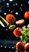 Fresh vegetables falling with water drops and spices on dark background. Dynamic food photography with cherry tomatoes, cucumber slices and herbs.