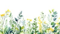 Delicate watercolor meadow with yellow wildflowers and green foliage creates fresh spring border composition on white background, suitable for stationery design.