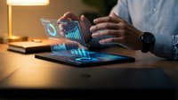 Businessman analyzing financial data with holographic charts and graphs projected from tablet in modern office workspace for business intelligence.