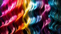 Vibrant rainbow colored wavy hair strands flowing in parallel lines creating dynamic pattern with pink, orange, yellow, and turquoise hues against dark background.