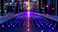 Futuristic illuminated pathway with rows of glowing purple LED lights creating perspective lines against dark urban background, modern city nightscape.