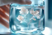 Delicate white oak leaves frozen in clear ice cube with soft blue tones, macro photography showing crystalline details and natural patterns in frozen water.