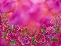 Watercolor floral border with pink peonies, roses, and hydrangeas on a vibrant magenta background with golden swirl accents.