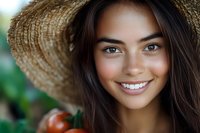 Young Hispanic woman wearing straw hat smiling at camera with bright white teeth and natural makeup against blurred garden background with fresh vegetables.