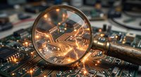 Magnifying glass examining glowing circuit board with orange light effects revealing intricate electronic components and pathways for technology analysis.