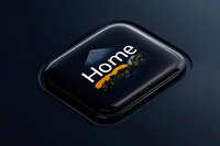 Modern black device screen displaying glowing home text with orange splash effect against dark background, minimalist technology concept.