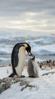 Adult emperor penguin feeding fluffy gray chick on snowy Antarctic shore with icebergs and colony in background. Wildlife parenting moment.