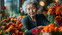 Senior Asian woman florist arranging vibrant autumn flowers in shop. Professional flower vendor working with colorful blooms for seasonal arrangements and bouquets.