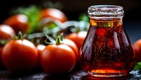 Fresh ripe tomatoes and glass bottle with sparkling drink on dark background, selective focus with water drops and natural lighting.