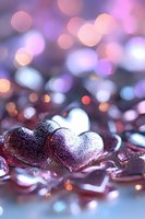 Glittering pink heart decorations with soft bokeh background in purple and blue tones create romantic Valentine's Day or wedding celebration atmosphere.