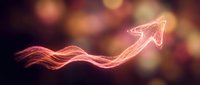Glowing upward arrow with flowing wave motion on dark background with bokeh lights, representing growth, success, and positive business momentum.