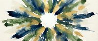 Abstract watercolor burst with radiating brushstrokes in blue, green and gold tones on white background for creative design projects.