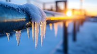 Glowing icicles hanging from metal pipe at sunset create dramatic winter scene with blurred dock and golden sunlight reflections on frozen lake surface.