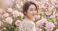 Young Asian woman in elegant dress holding pink roses among blooming cherry blossoms in spring garden with soft sunlight creating romantic atmosphere for lifestyle content.