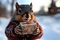 Adorable squirrel wearing red knitted sweater holding wrapped gift box in snowy winter scene for holiday greeting cards and seasonal marketing campaigns.