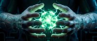 Two hands holding glowing green energy sphere, representing power, magic, technology, and innovation for science fiction and fantasy design projects.
