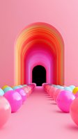 Vibrant pink tunnel with colorful concentric arches leading to dark doorway, lined with multicolored spheres creating perspective depth on pink floor.