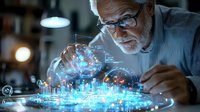 Senior Caucasian scientist with glasses examining futuristic holographic city projection with data visualization and glowing elements in dark laboratory setting.