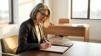 Professional blonde businesswoman in glasses writing documents at modern office desk with natural lighting for corporate presentations and workplace content.
