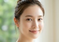 Young Asian woman with natural makeup and elegant updo hairstyle smiling warmly in soft natural lighting for beauty and wellness concepts.