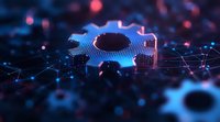 Glowing blue gear symbol on dark background with connected network lines and bokeh effects represents technology integration and automation processes.