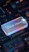 Glowing translucent Click Here button with cursor arrow floating above a dark circuit board, digital tech concept for web and UI design.
