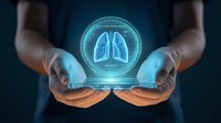 Doctor in medical gloves holding glowing holographic lungs scan, representing respiratory health, pulmonary diagnosis, and advanced healthcare technology for medical and wellness content.
