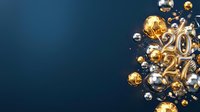 Metallic gold and silver balloons with 2024 numerals floating on deep blue background, ideal for New Year celebrations and festive event promotions.