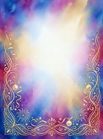 Colorful watercolor gradient background with ornate gold decorative border frame, featuring swirling flourishes and floral elements. Central white space ideal for text, invitations, and design projects.