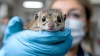 Small curious ground squirrel being examined by veterinarian wearing protective blue gloves and medical mask during health check at animal clinic, close up view of rodent face.