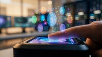 Futuristic biometric security interface with fingerprint scanning technology and holographic data visualization on digital tablet device for authentication.