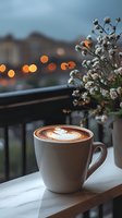 Cappuccino with latte art on balcony at dusk, white flowers in vase and city bokeh lights creating cozy evening atmosphere for coffee lovers.