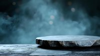 Dramatic stone platform with mystical fog and bokeh lights on dark background creates atmospheric mood for product display or spiritual concept.
