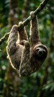 Three-toed sloth hanging from moss-covered branch in tropical rainforest canopy with blurred green foliage background for wildlife and nature content.