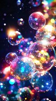 Magical soap bubbles floating in dark space with colorful bokeh lights and sparkles creating dreamy atmosphere for fantasy and celebration backgrounds.