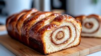 Freshly baked cinnamon swirl bread loaf sliced on wooden cutting board showing spiral pattern, homemade bakery pastry for breakfast and dessert recipes.