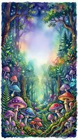 Enchanted forest pathway with glowing mushrooms, luminescent plants, and magical woodland atmosphere at twilight, suitable for fantasy illustrations and children's book artwork.