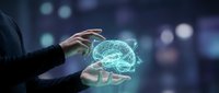 Businessman hands protecting glowing digital brain hologram representing artificial intelligence and neural networks in futuristic technology concept.