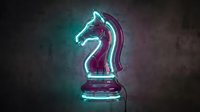 Glowing neon chess knight piece with cyan and magenta lighting effects on dark textured background for strategic business concepts and gaming designs.