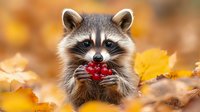 Adorable raccoon holding red berries among golden autumn leaves, looking directly at camera with bright eyes and expressive face. Wildlife in fall season setting.