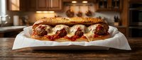 Meatball submarine sandwich with melted cheese and marinara sauce on crusty bread, served on white paper in modern kitchen setting.