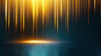 Glowing golden light rays falling from above create magical atmosphere against dark teal background with sparkling particles on ground surface. Suitable for spiritual concepts.