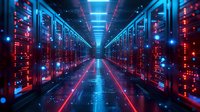 Server room corridor with glowing red and blue LED lights reflecting on floor. Modern data center with rows of network equipment creates futuristic technology atmosphere.
