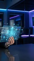 Businessman hand touching futuristic holographic interface with network connections and data visualization in modern office with neon lighting.