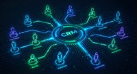 Customer relationship management system with glowing neon connections linking diverse business people icons in futuristic digital network design.