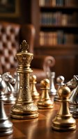 Ornate golden chess king piece with intricate engravings stands prominently on wooden board in elegant library setting with leather chair and books.