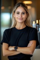 Young Caucasian businesswoman with blonde hair wearing black t-shirt standing with arms crossed in modern office environment, expressing confidence and professionalism.