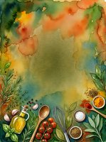 Watercolor cooking background with fresh herbs, spices, olive oil and vegetables creating culinary frame for recipe design and food content.