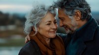 Senior Caucasian couple embracing outdoors at sunset, sharing intimate moment. Woman with silver hair in brown coat, man in dark jacket showing genuine happiness and connection.