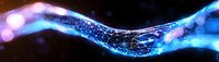 Glowing blue and purple neural network visualization with luminous particles flowing through interconnected pathways against dark background.